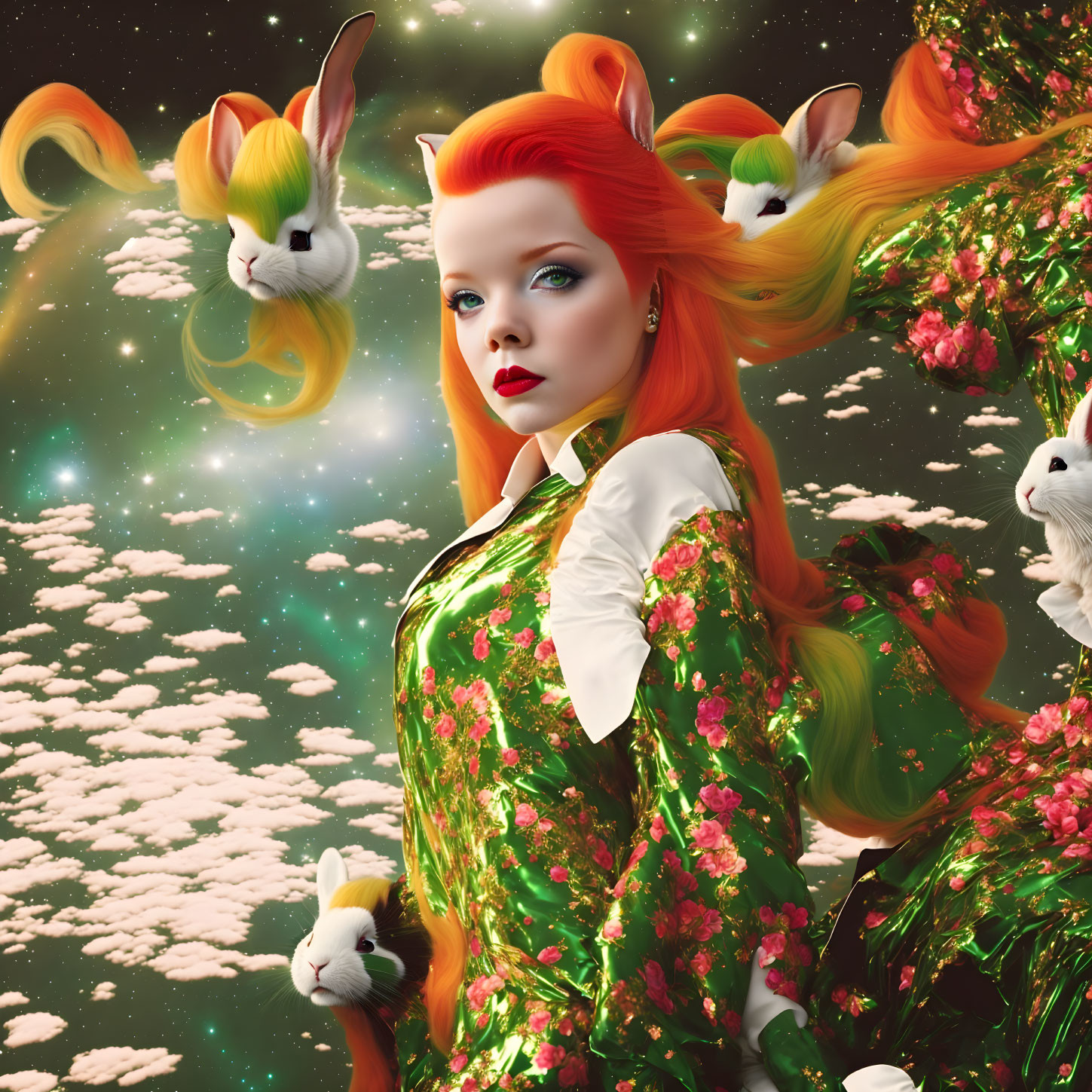 Surreal portrait: red-haired woman, floating white rabbits, cosmic background.