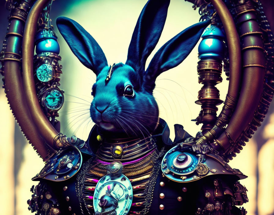 Steampunk-style mechanical rabbit with gears and brass tubing on blurred background