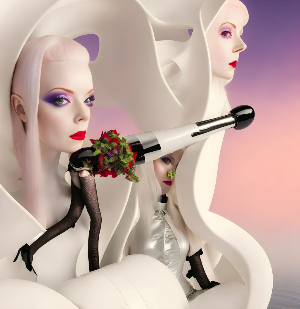 Three surreal mannequin-like figures in white outfits with telescope and flowers, on pink gradient.