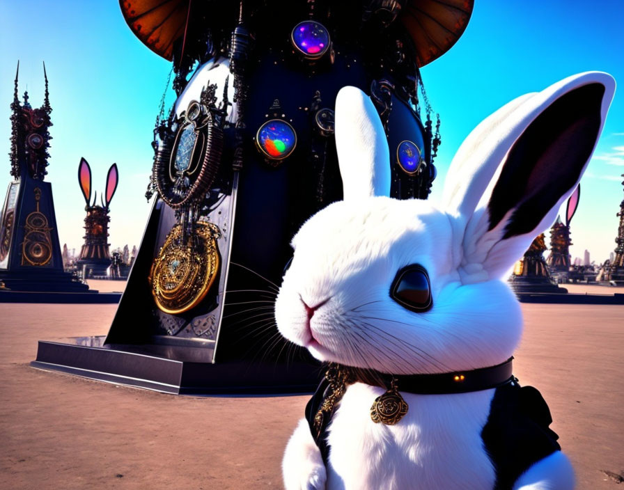 White Cartoon Rabbit with Gold Collar in Futuristic Setting