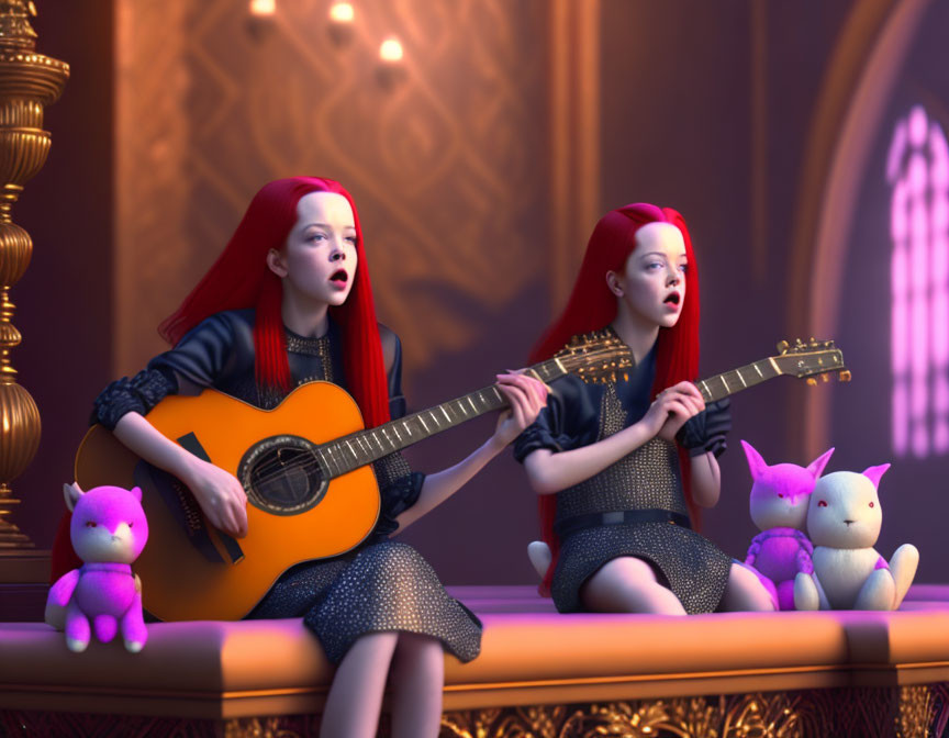 Animated girls with red hair singing and playing guitar in a gothic-themed room