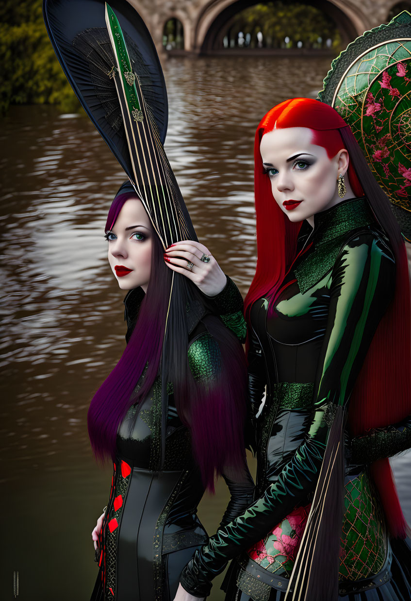 Two women in gothic attire with colorful hair by river and bridge.