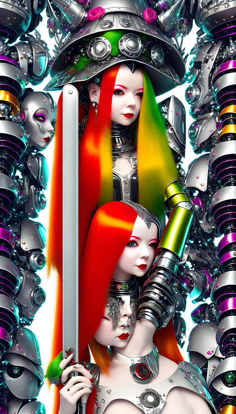 Colorful cybernetic warrior surrounded by robotic faces.