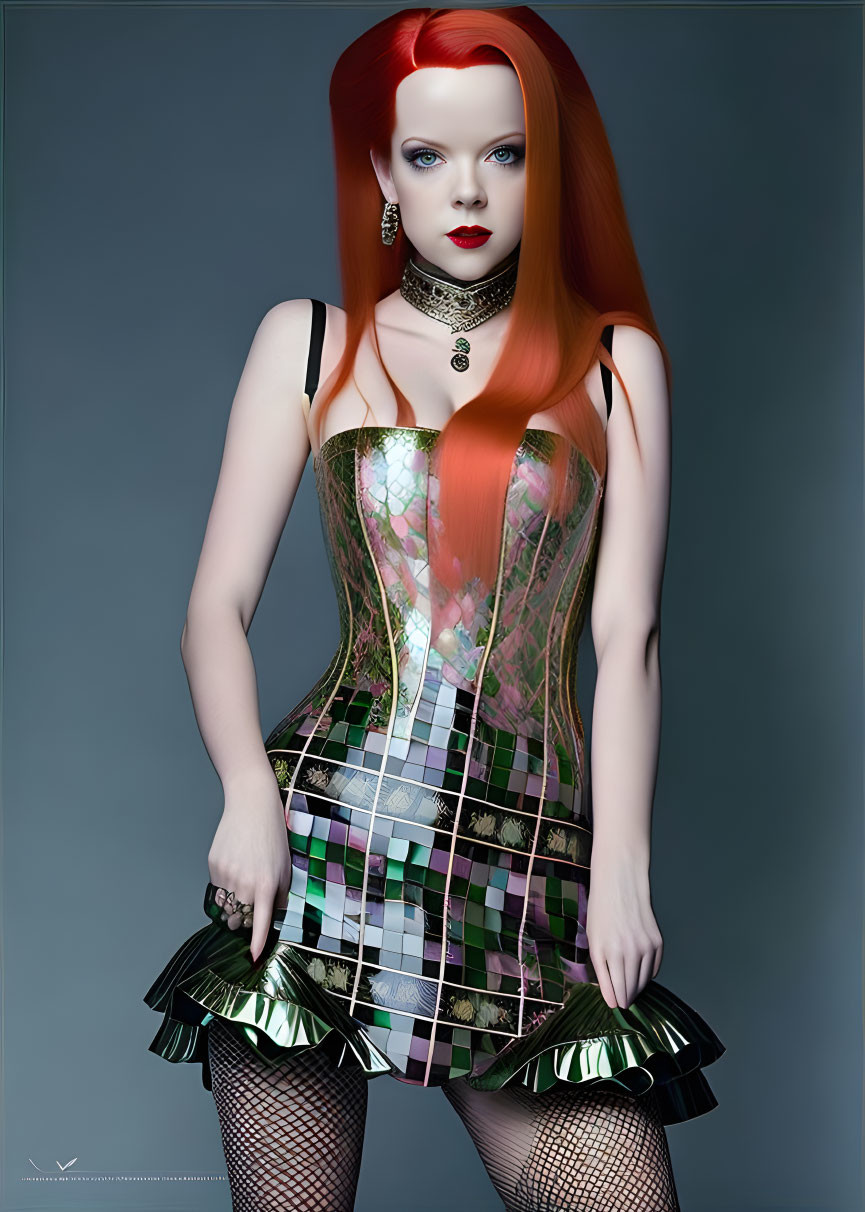 Vibrant red-haired woman in multicolored corset dress and bold makeup