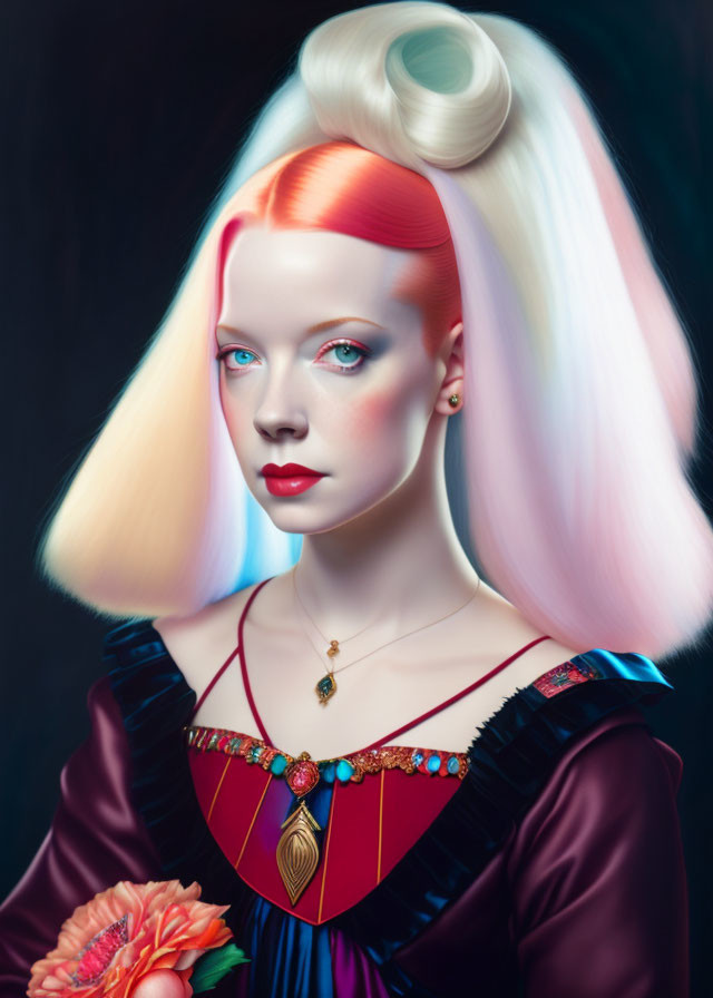 Stylized portrait of woman with gradient hair, blue eyes, Renaissance dress, flower, and jewelry