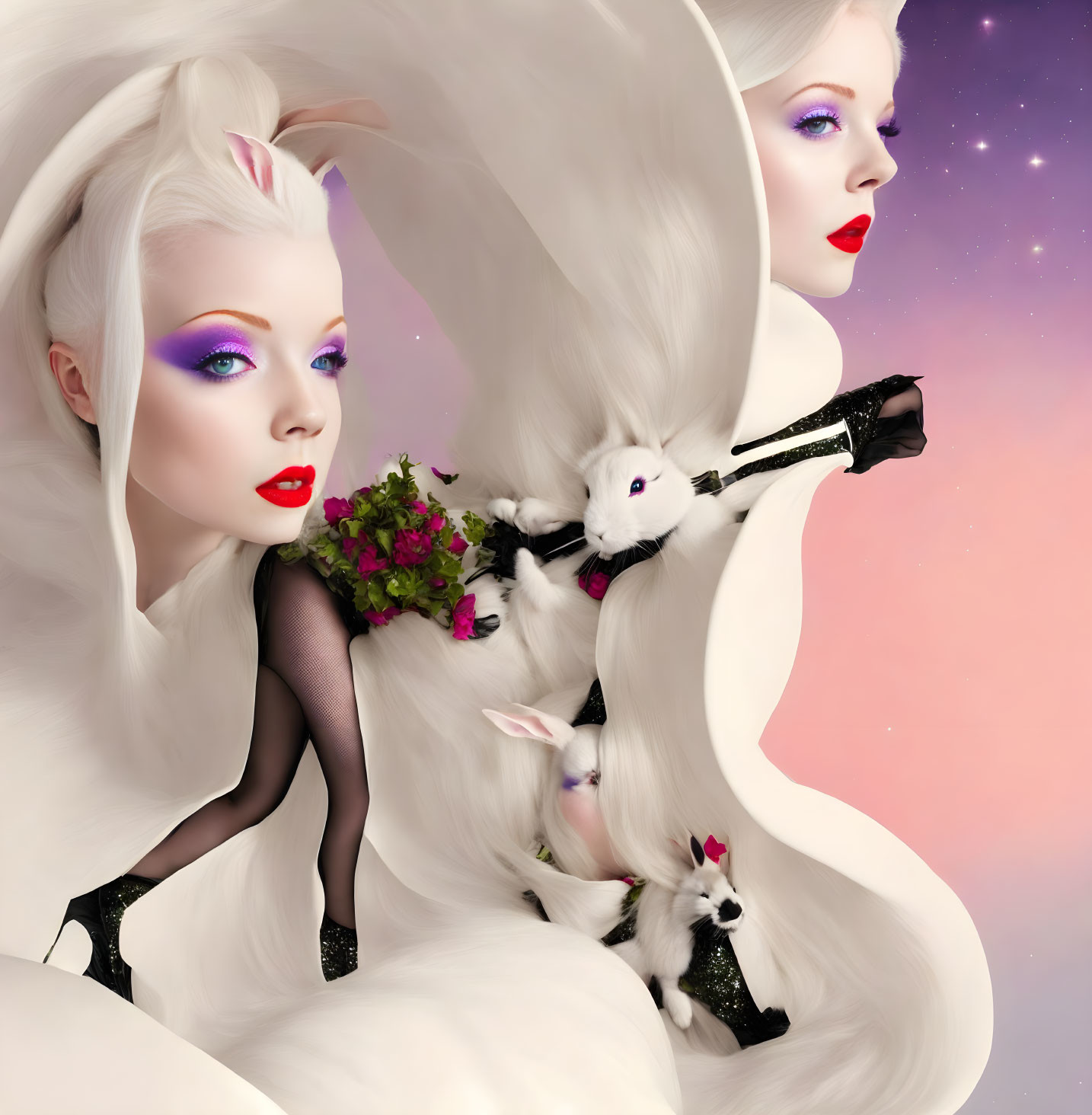Surreal depiction of stylized women with white rabbits on pink backdrop