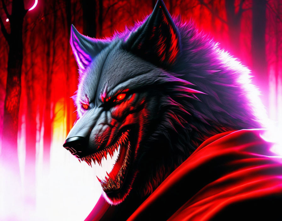 Illustration: Snarling werewolf in red cloak, glowing eyes, crimson forest backdrop