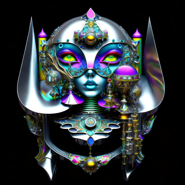 Vibrant digital artwork of futuristic female face with symmetrical decorations