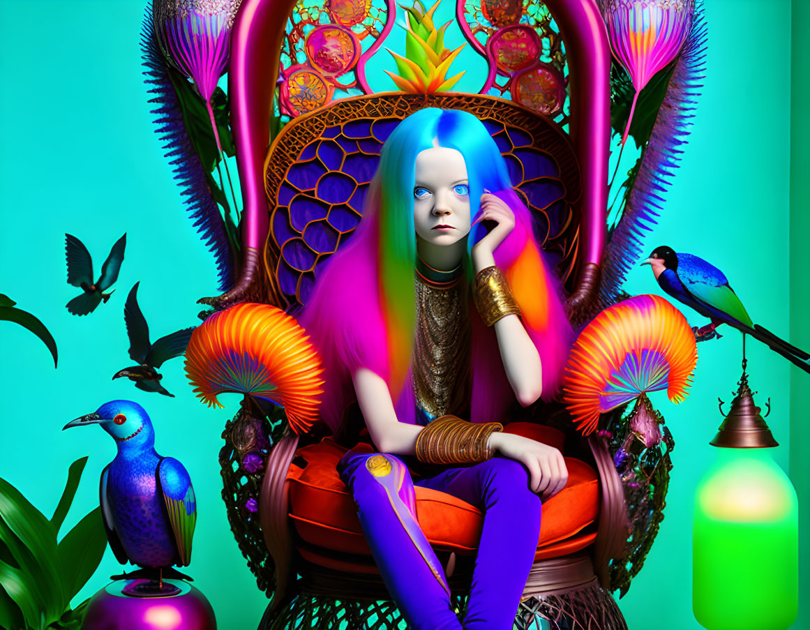 Colorful artwork of seated blue-skinned girl with throne, plants, and birds