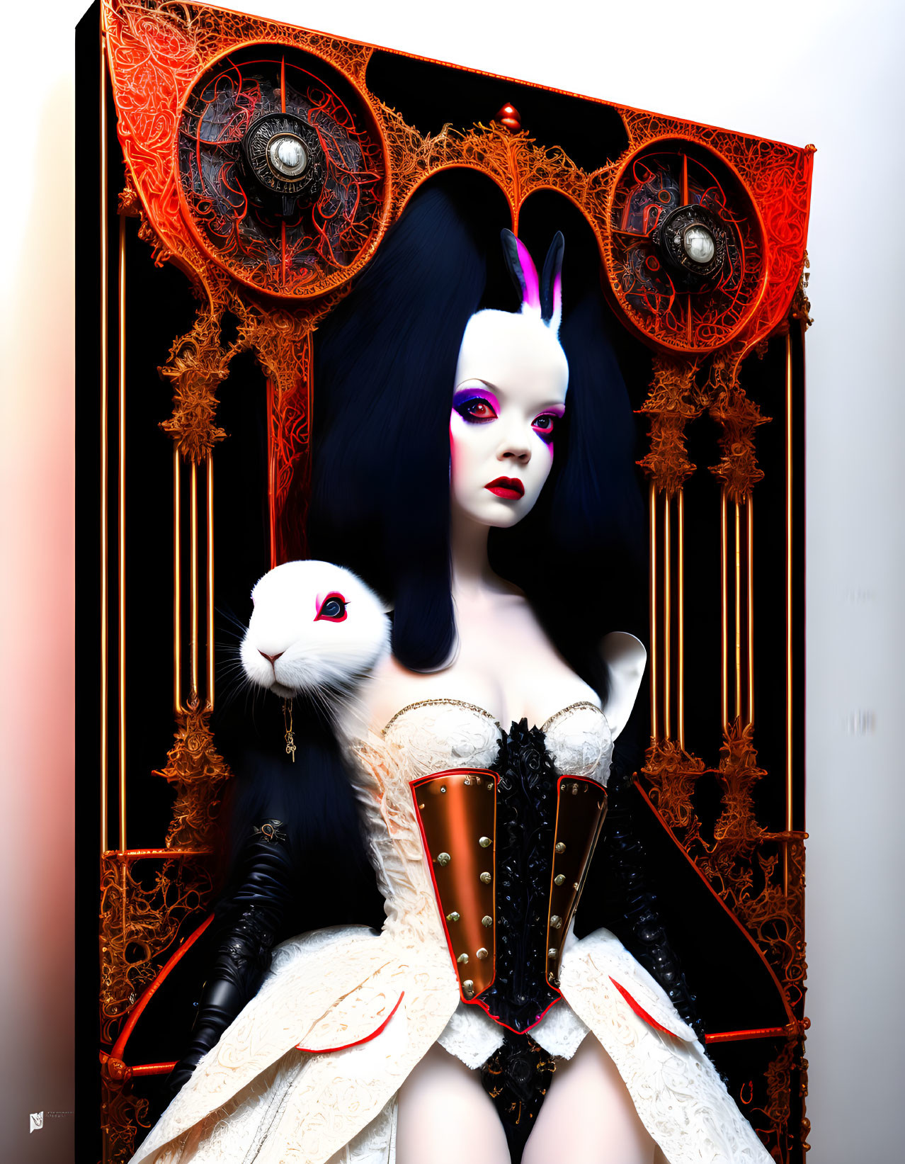 Stylized gothic woman with white rabbit in ornate frame.