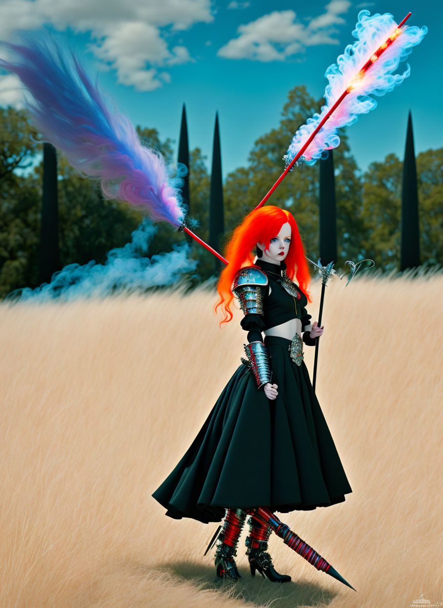 Stylized image of woman with red hair in gothic attire holding fiery sword against surreal landscape