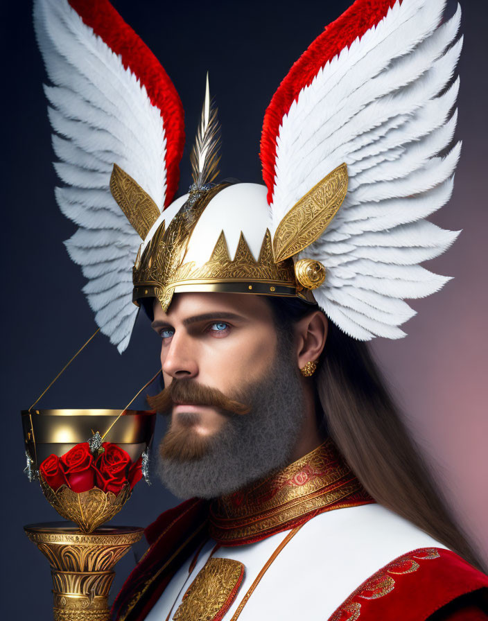 Golden helmet with wings, blue-eyed figure holding red rose chalice