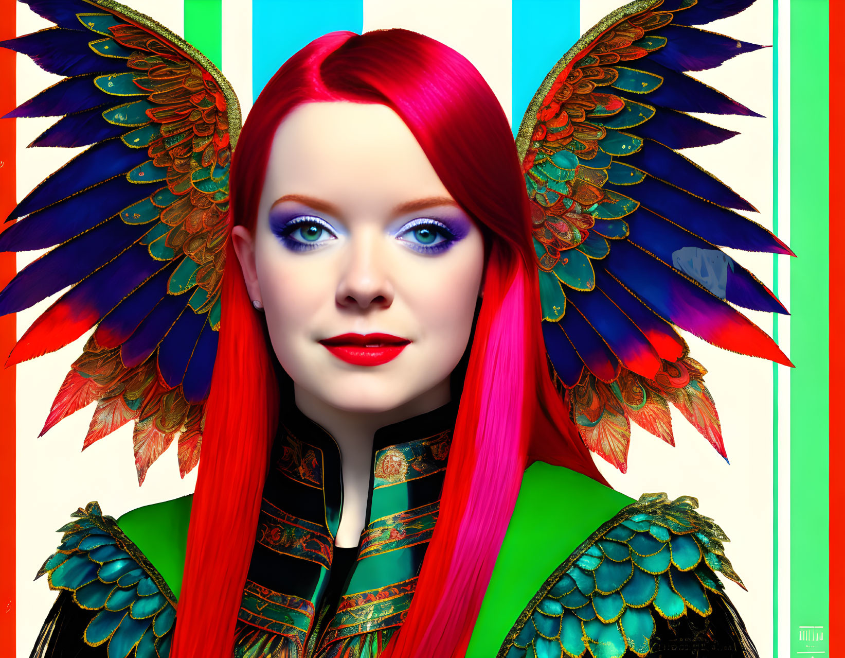 Digital portrait of woman with red hair, blue eyes, and feathered wings on striped backdrop