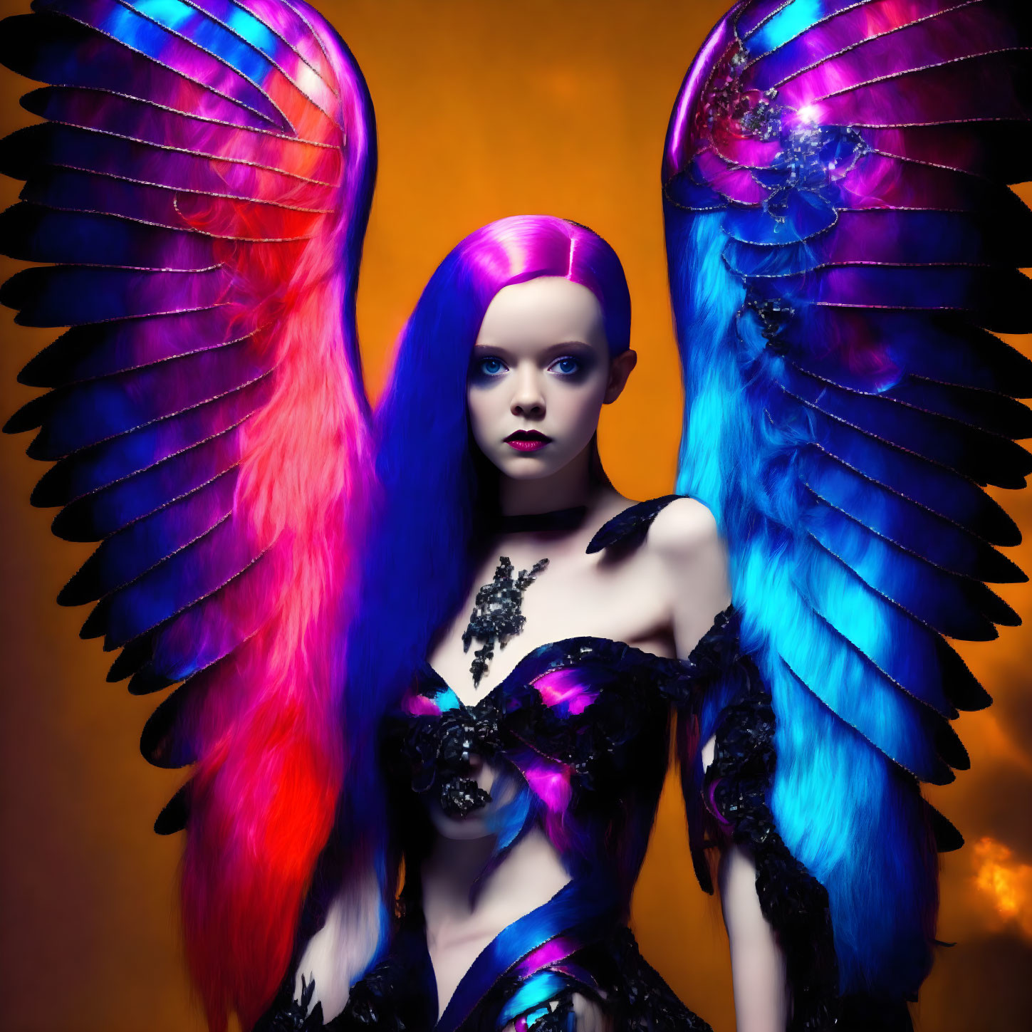 Vibrant purple hair, blue and pink wings, dark costume with feathers on orange backdrop