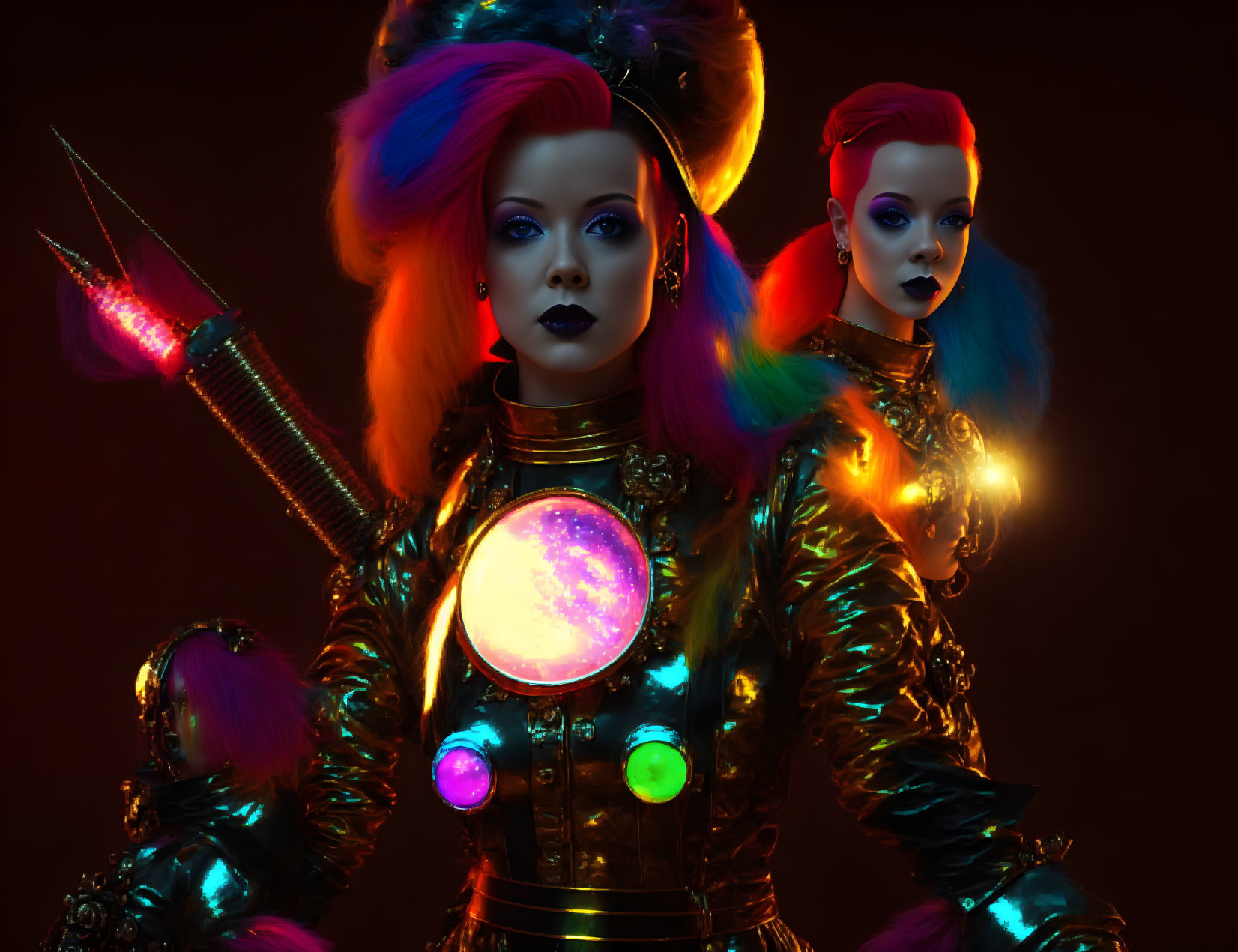 Futuristic women in vibrant hair and sci-fi armor under colorful lights