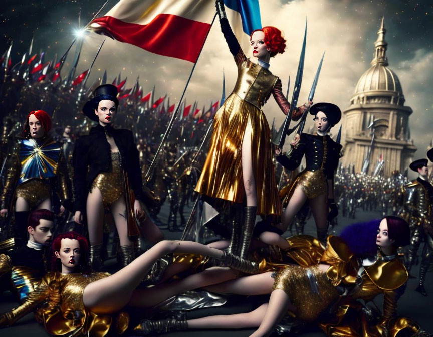 Surreal army of mannequin-like figures with female leader in golden dress among flags and classical