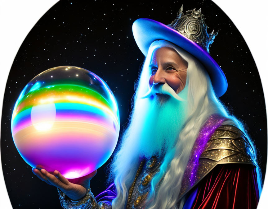 White-bearded wizard with multicolored crystal ball on starry background