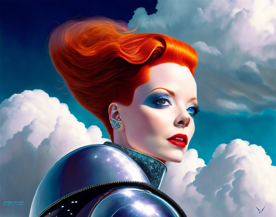 Illustration: Woman with red hair in futuristic space suit against cloudy sky