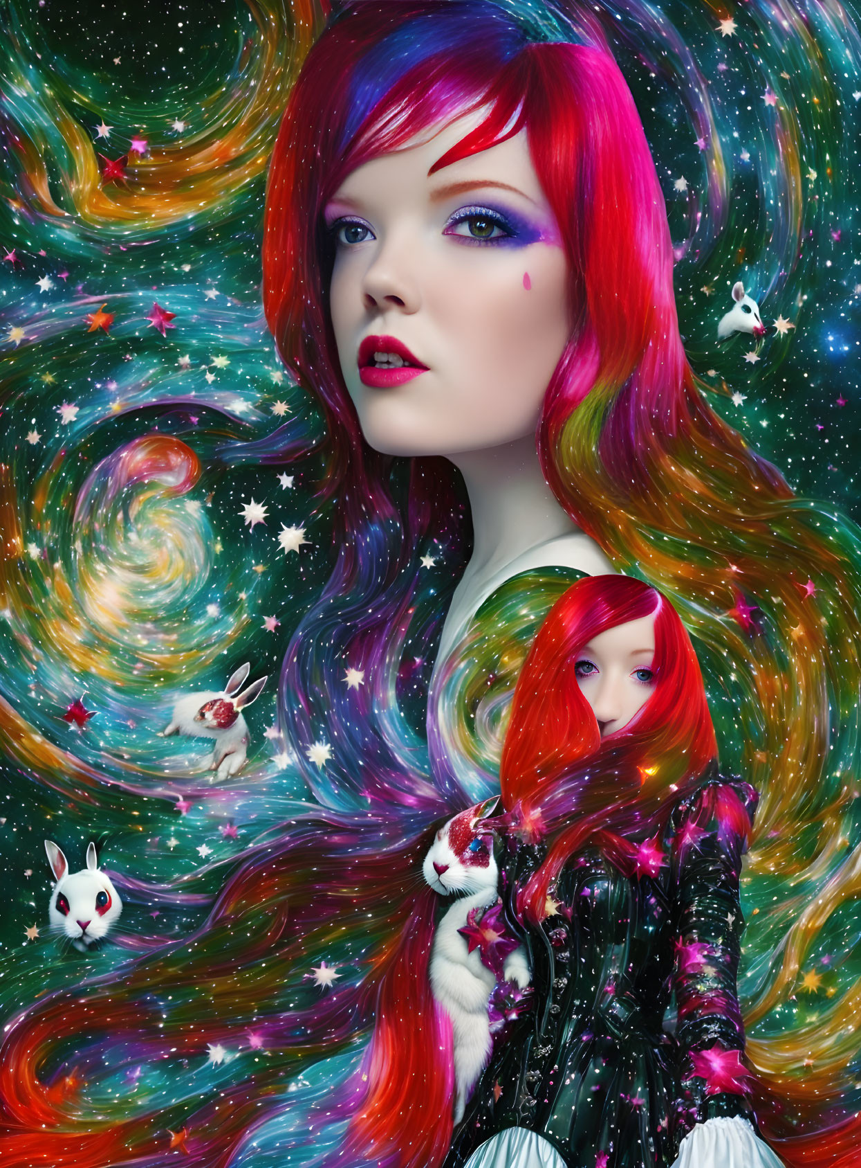 Colorful digital artwork: woman with multicolored hair in cosmic setting.