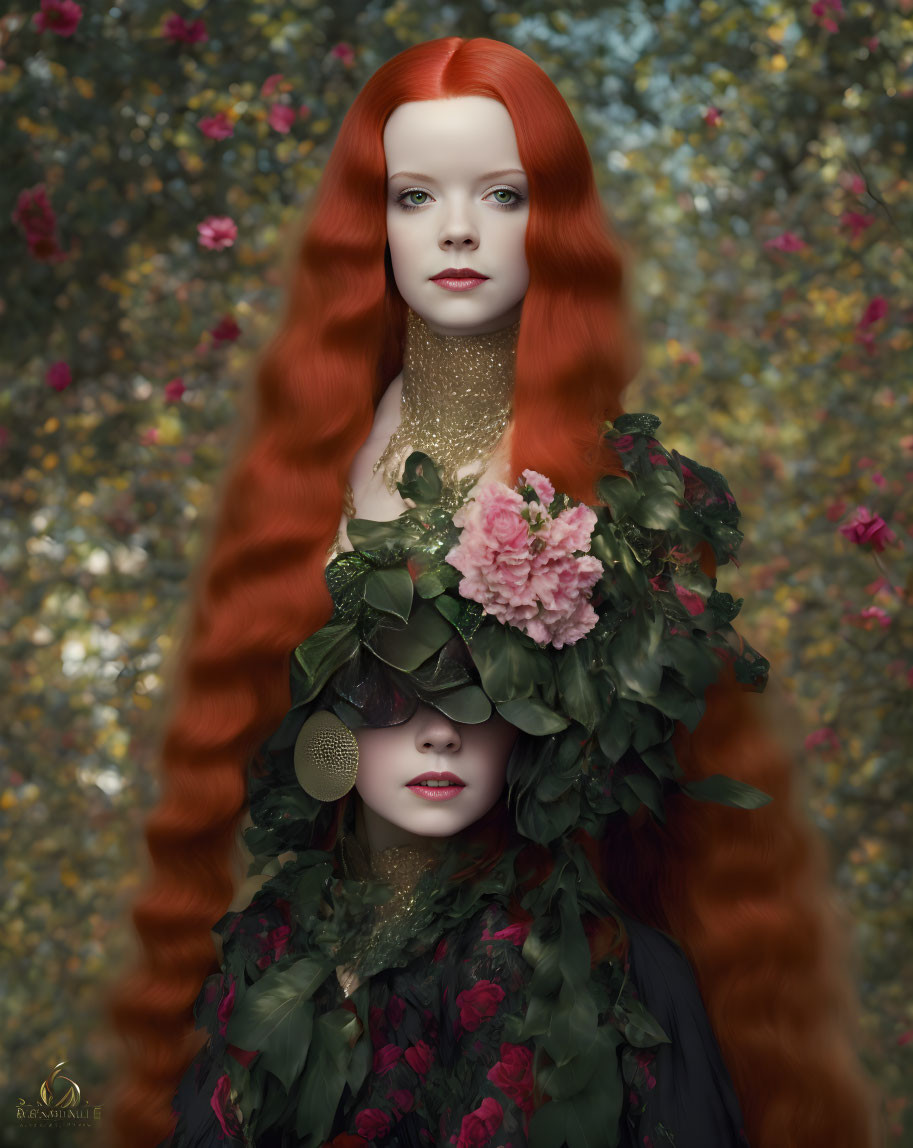 Dual portrait of women: one redhead, one in greenery, both against floral background