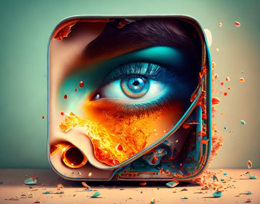 Surreal blue eye in unzipped compartment with orange liquid splash