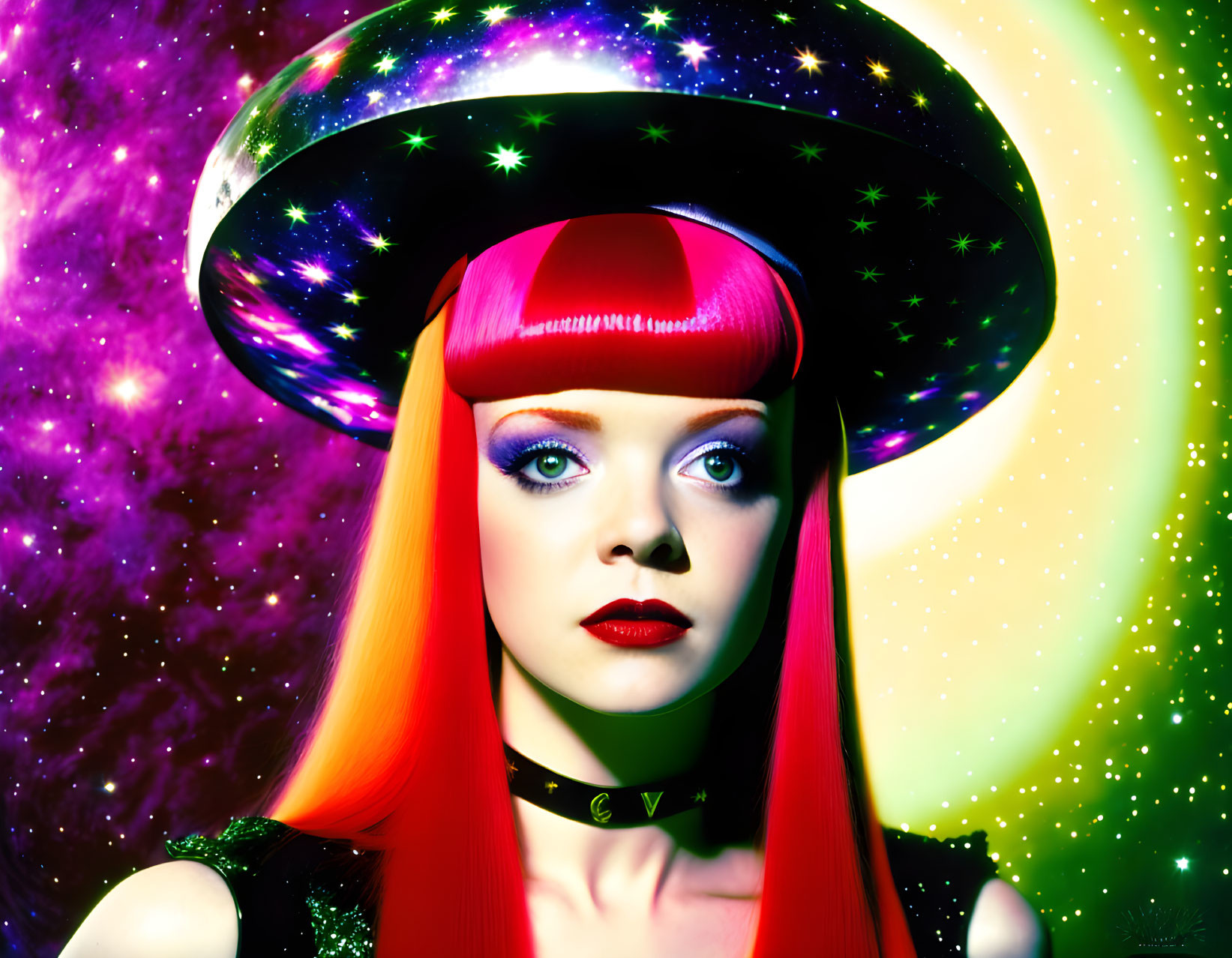 Colorful cosmic background with woman in futuristic hat and pink hair