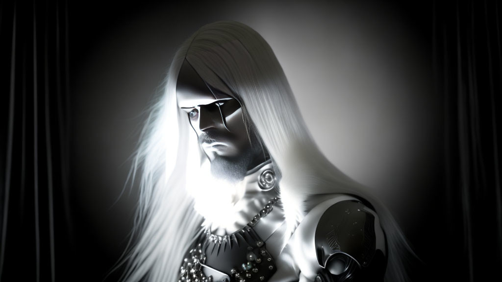Monochromatic character art: white hair, sunglasses, futuristic armor
