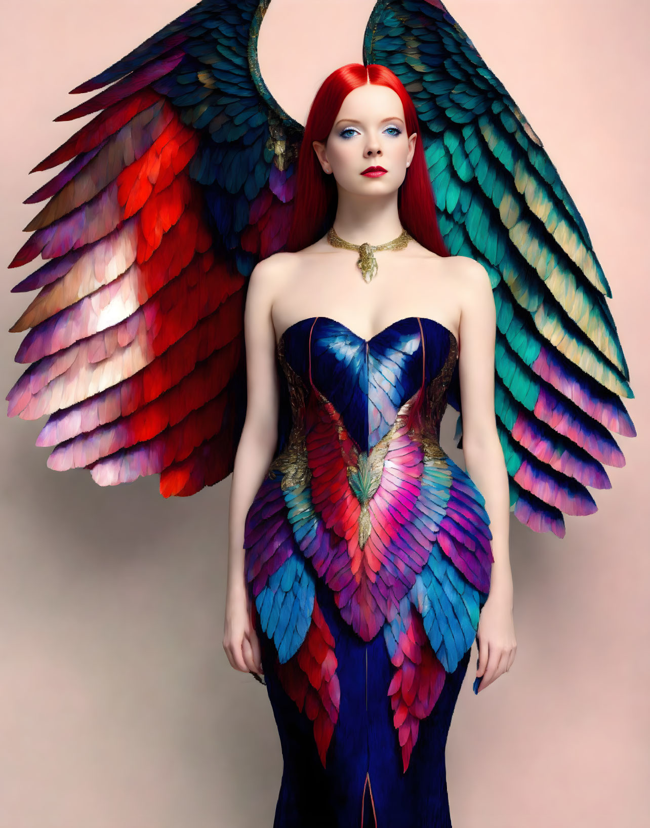 Red-haired woman with multicolored feathered wings and dress on pink background