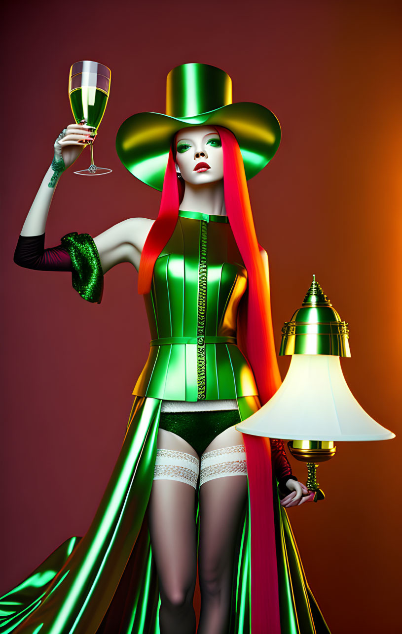 Red-haired character in green outfit with champagne glass and lamp on red backdrop