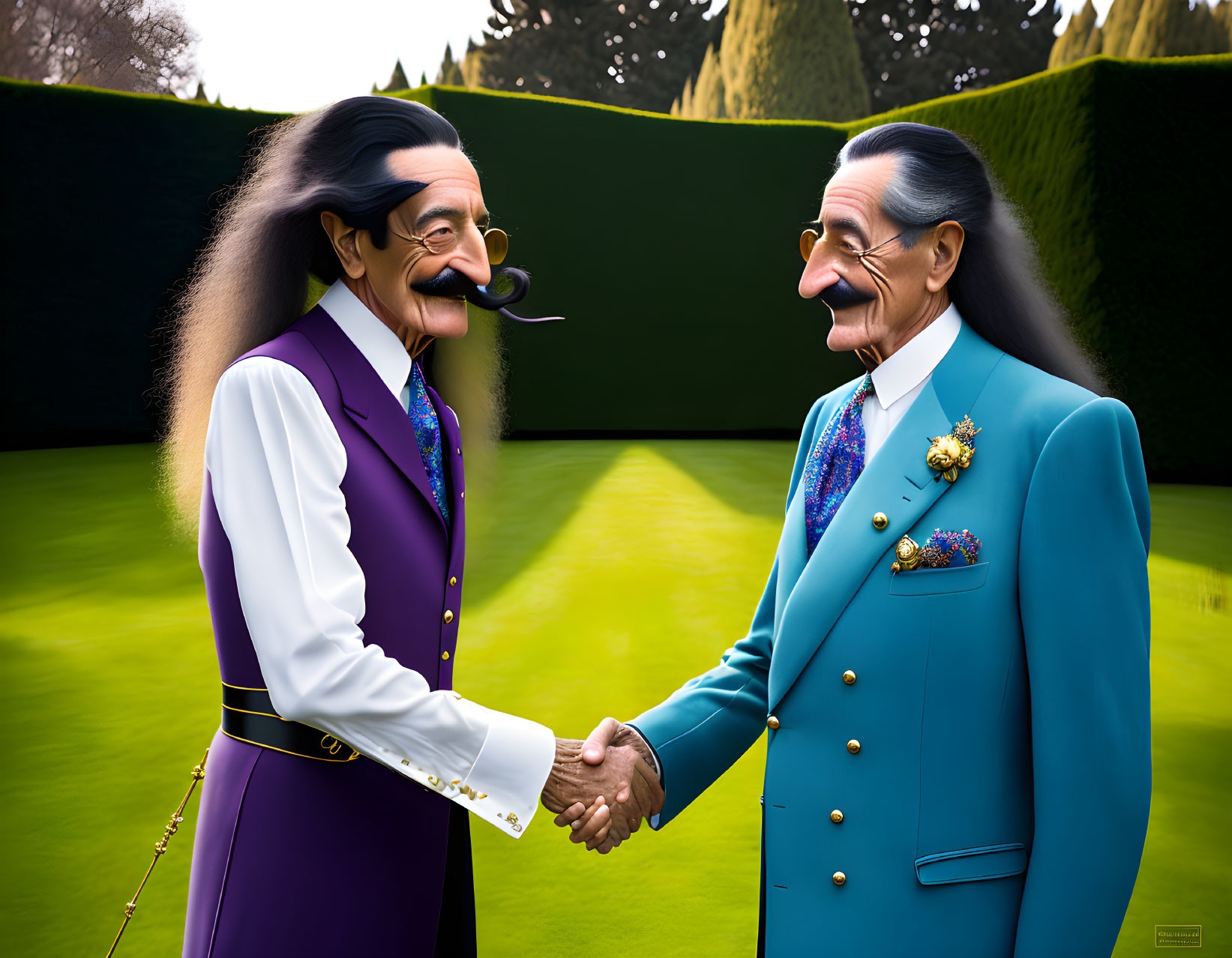 Stylized animated male characters shaking hands in formal garden.