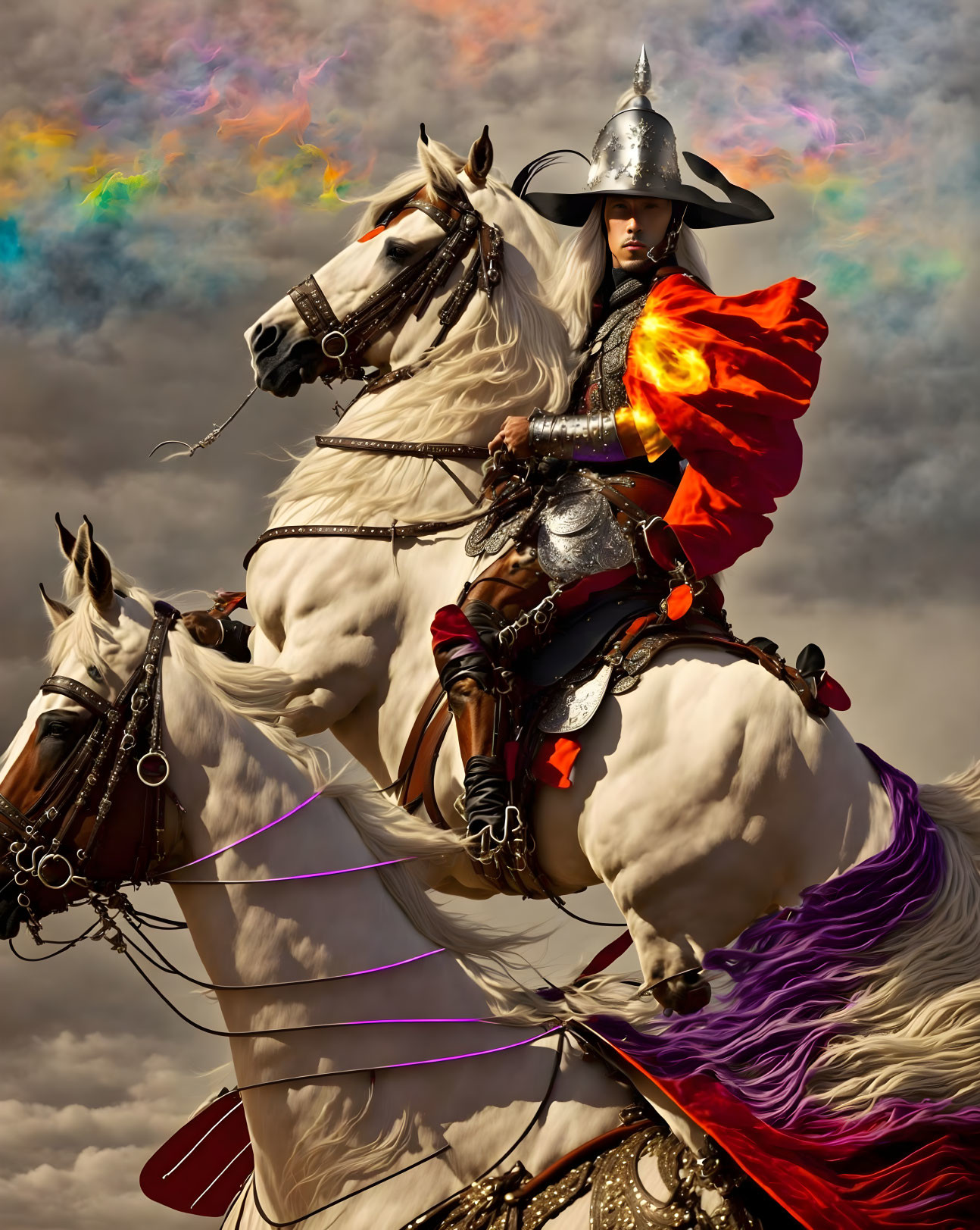 Medieval knight in ornate armor on two white horses under rainbow.