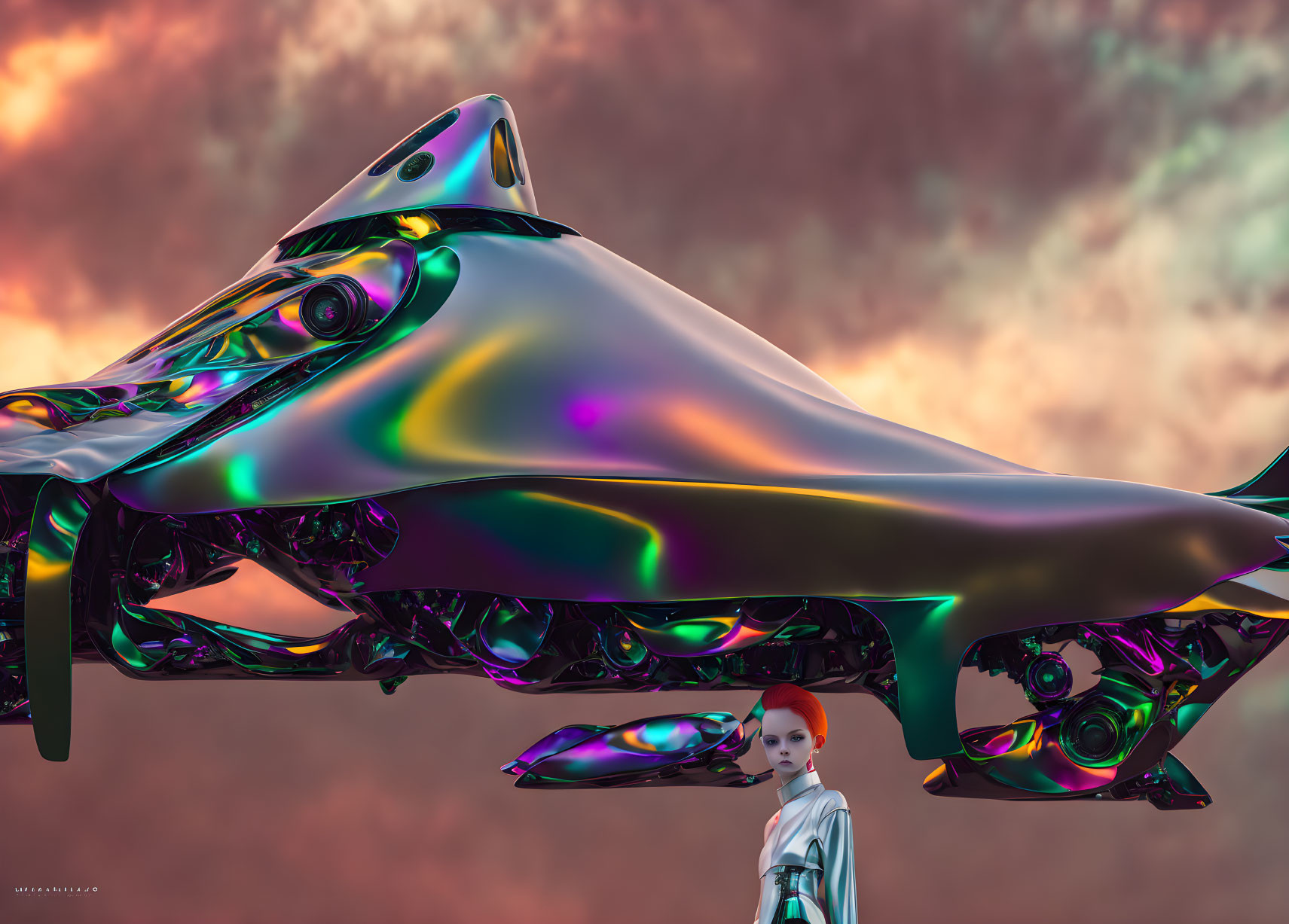 Futuristic silver hover car with orange-haired model under moody sky