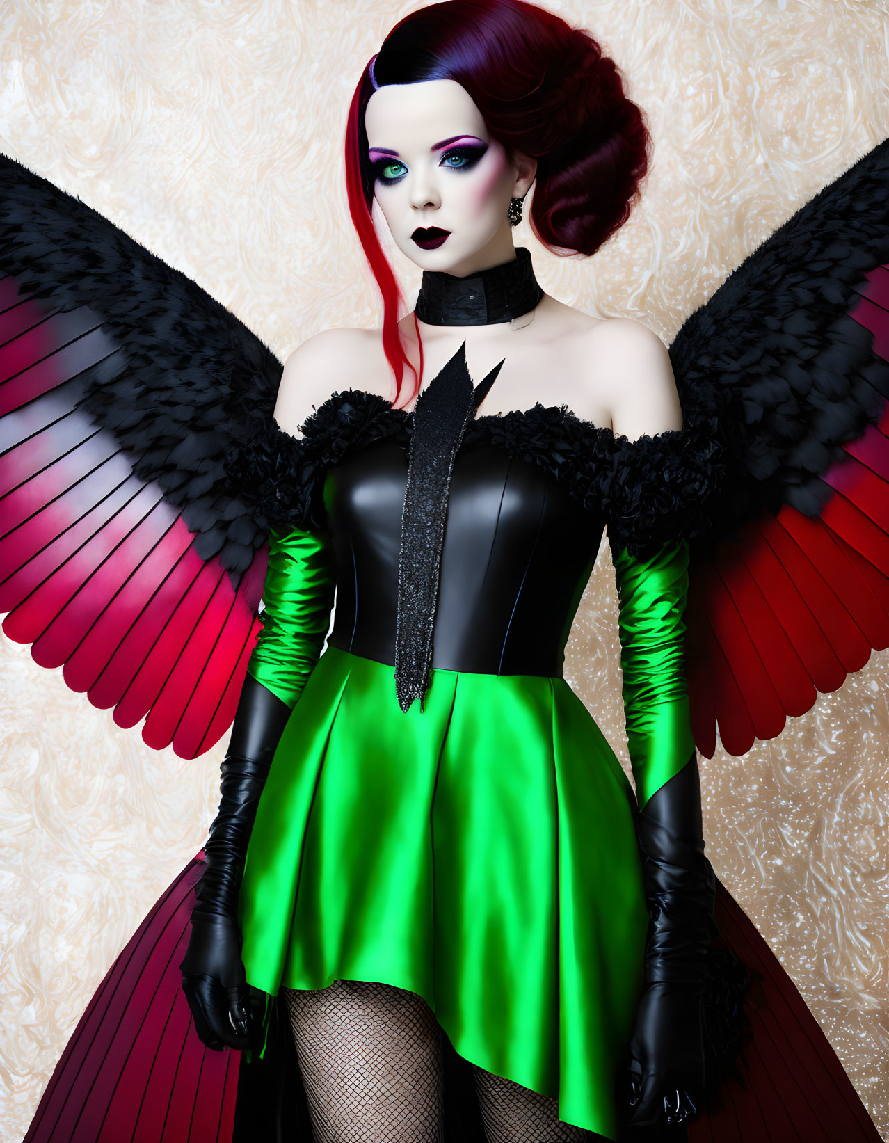 Dark angel wings woman in black and green dress with choker and makeup on patterned backdrop