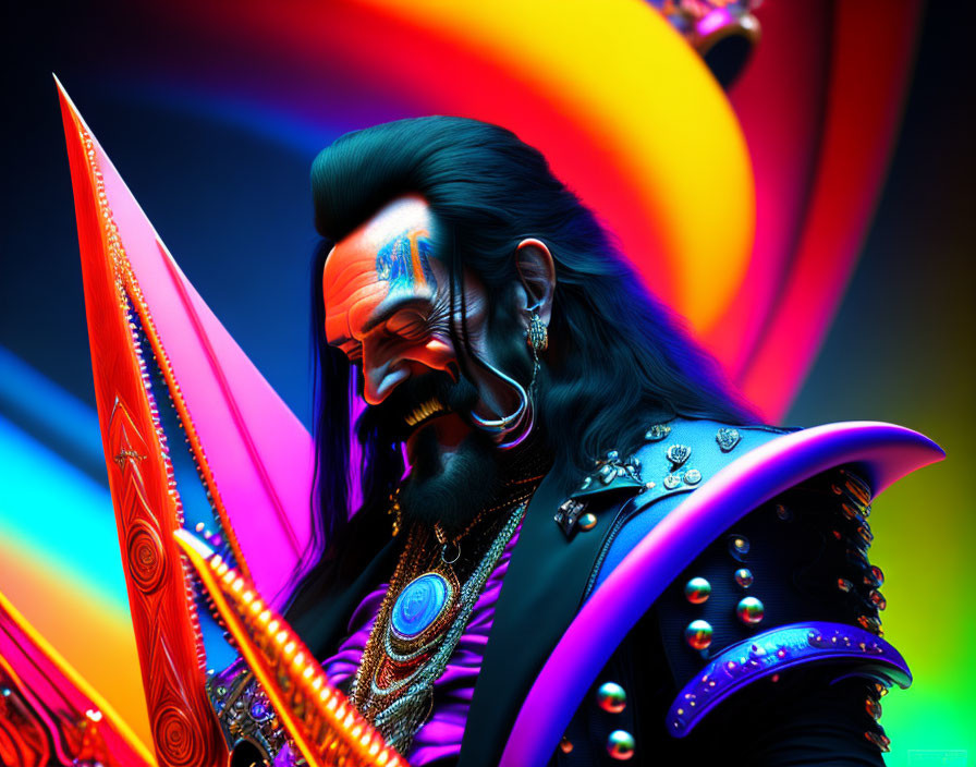 Colorful digital art: Stylized bearded warrior in gleaming armor