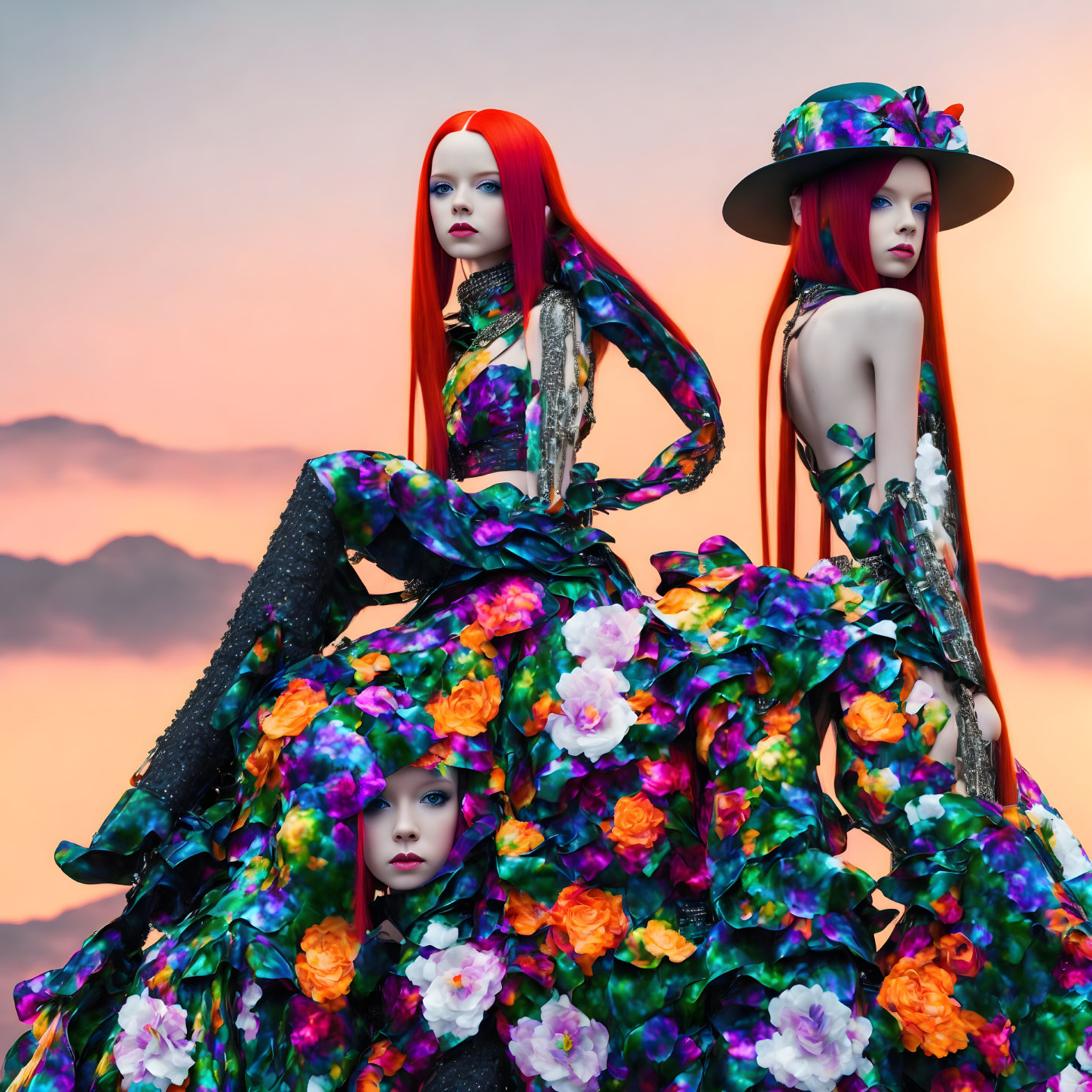 Mannequins in Floral and Glittery Outfits at Sunset