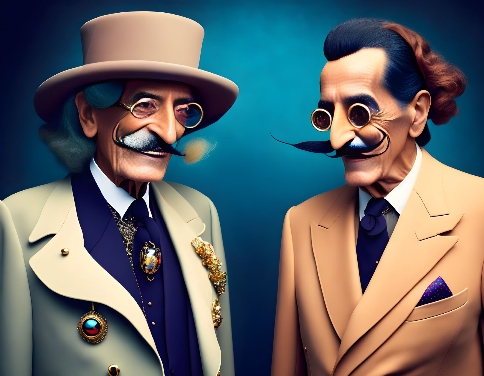 Stylized male characters in elegant suits with top hats and large mustaches