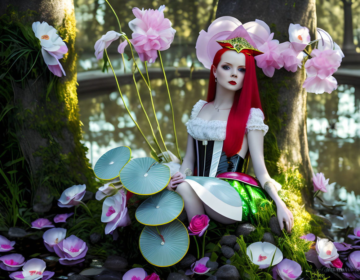 Stylized image of red-haired female in ornate dress with corset among oversized flowers.
