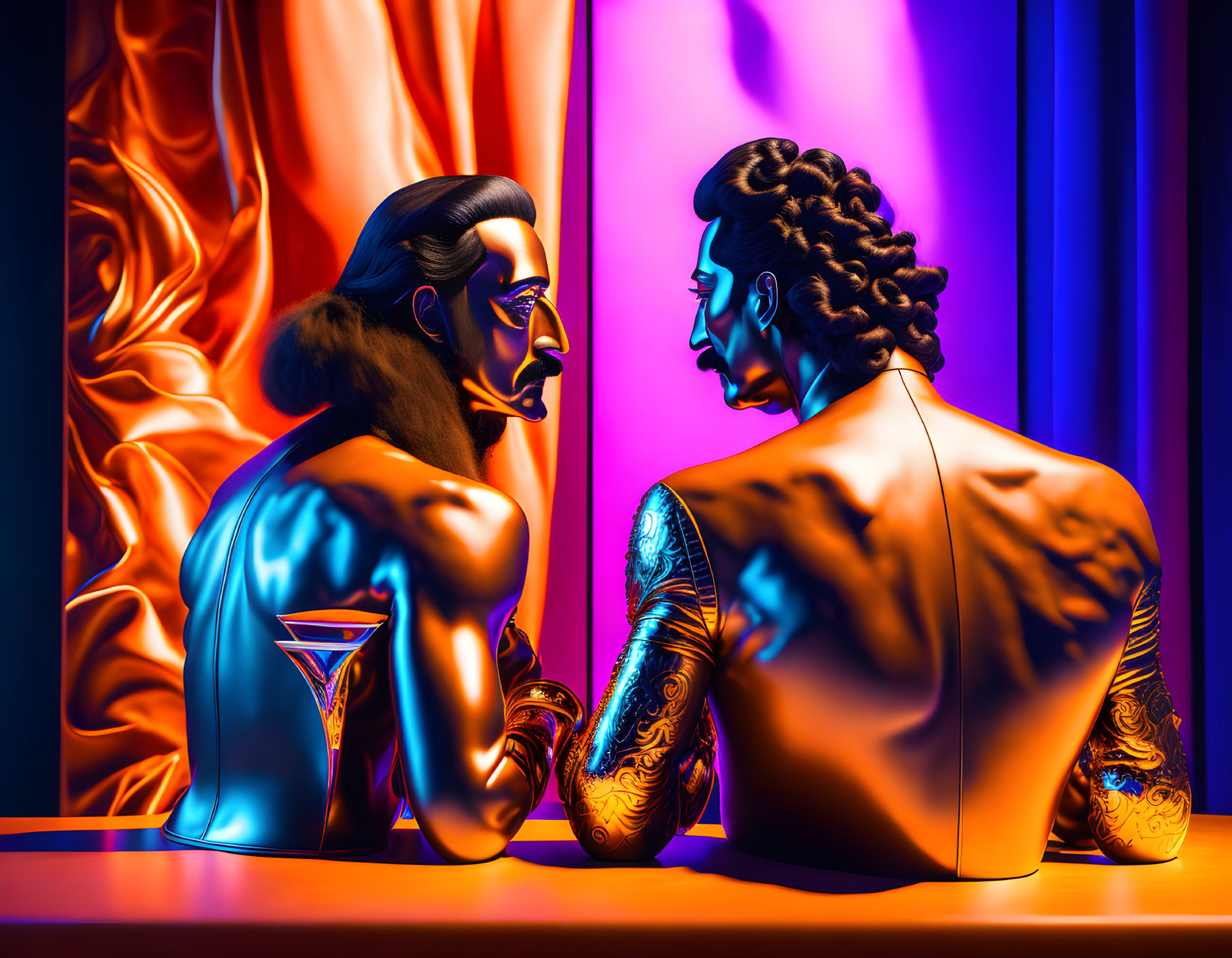 Metallic figures with tattoos in neon-lit scene with cocktail.