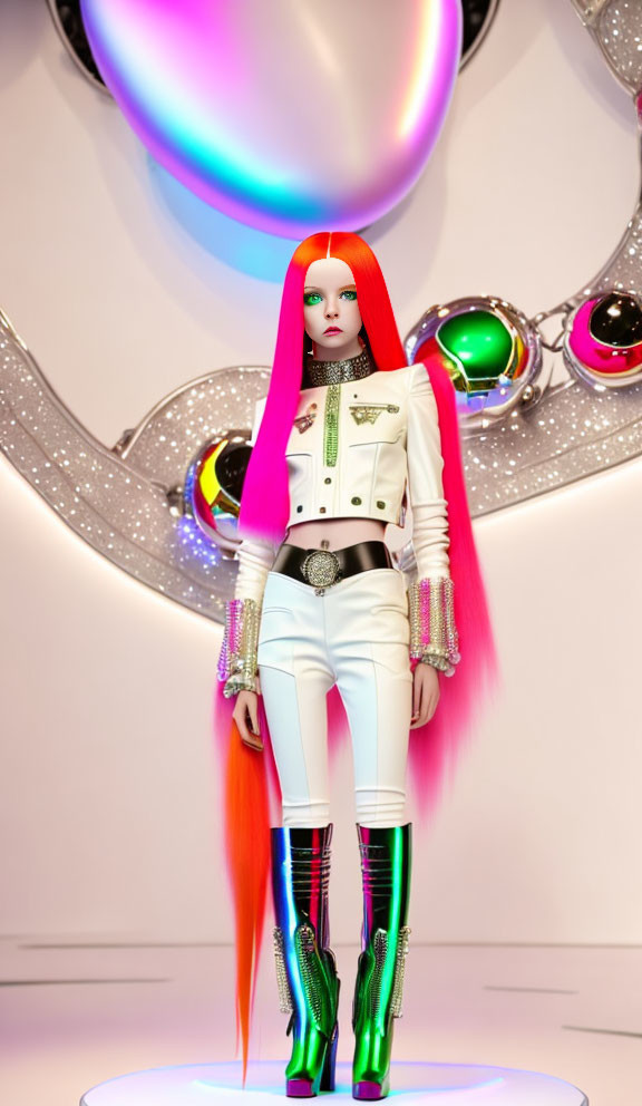 Vibrant red-haired mannequin in white jacket and metallic boots on colorful background