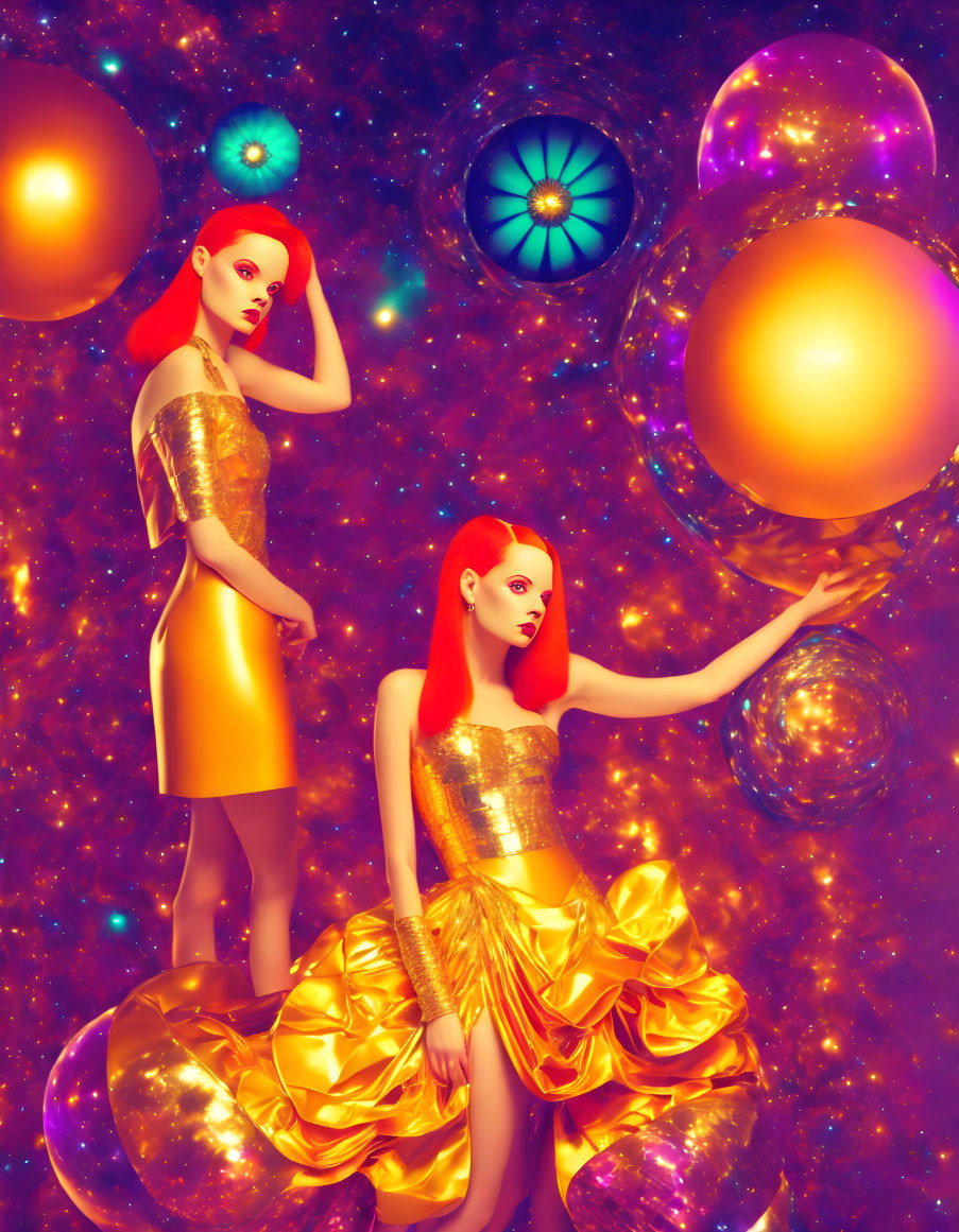 Red-haired women in golden dresses with glowing orbs in cosmic scene