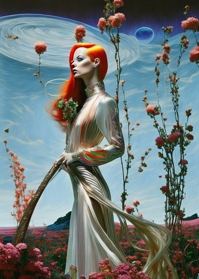 Ethereal figure with red hair in surreal landscape