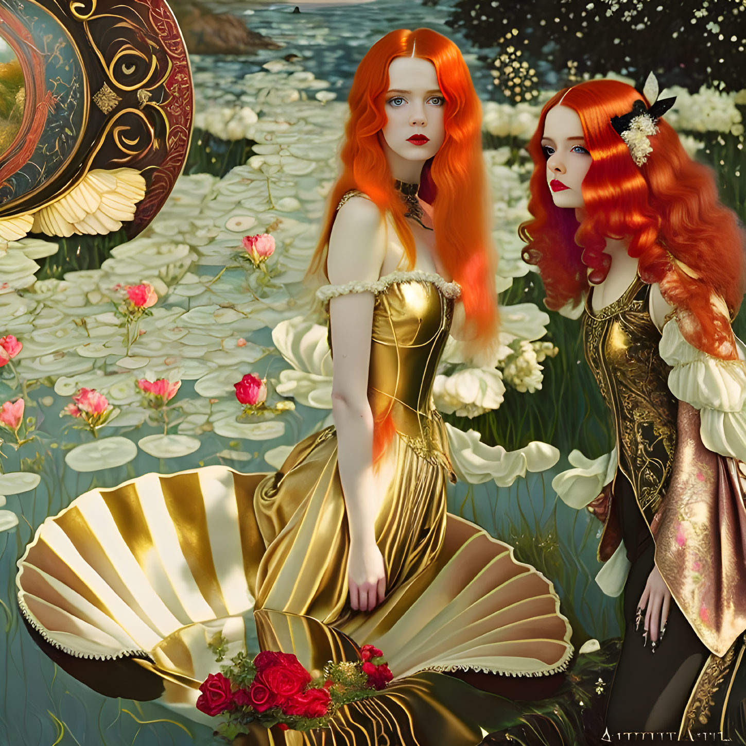 Stylized red-haired women in golden dresses by a pond with lotus flowers