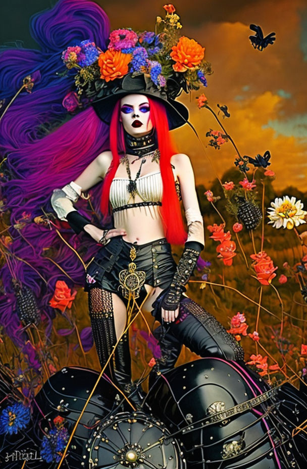 Gothic figure with purple hair in black outfit in autumn field.