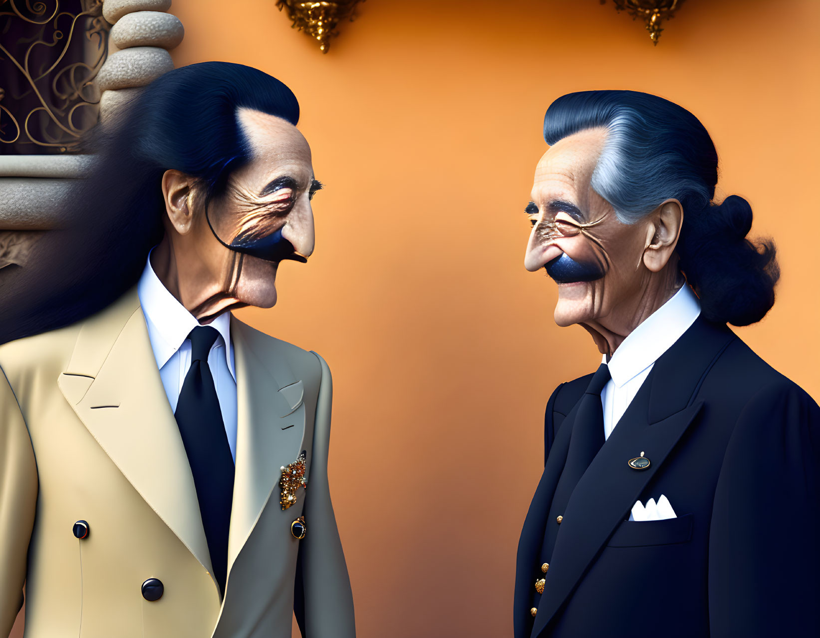 Caricatured male figures with exaggerated facial features in beige and navy blue smiling.