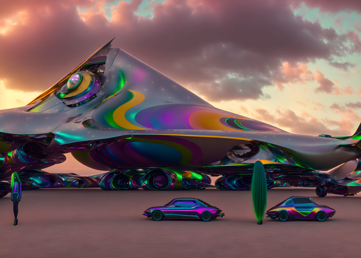 Futuristic iridescent spacecraft and cars under dusky sky