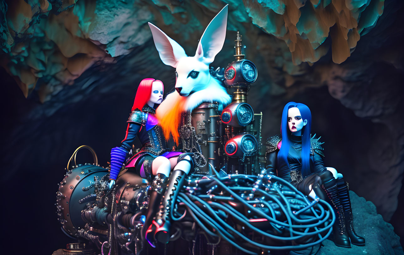 Futuristic female figures with blue and red hair next to a mechanical rabbit in a cave.