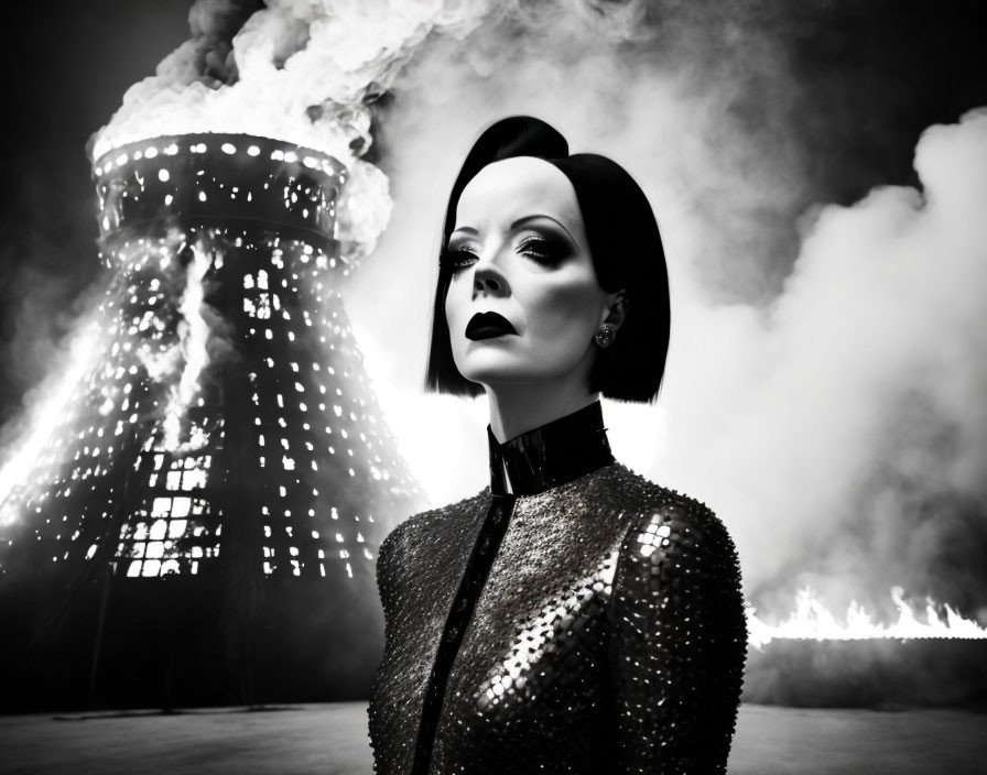 Monochrome portrait with dramatic makeup and sequined outfit against industrial backdrop