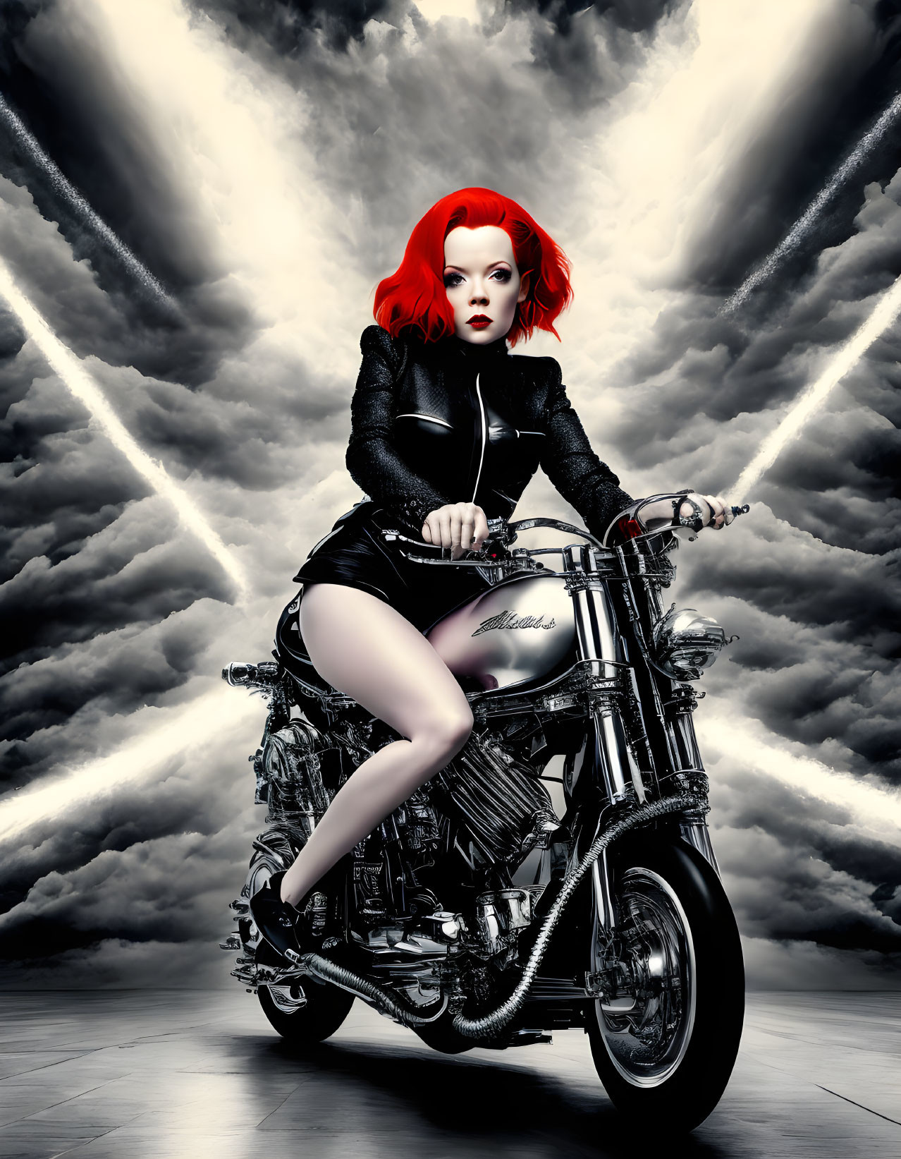 Red-haired woman in black rides motorcycle under dramatic sky