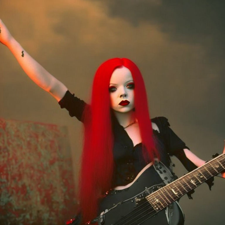 Red-haired person with guitar and dark makeup against cloudy sky