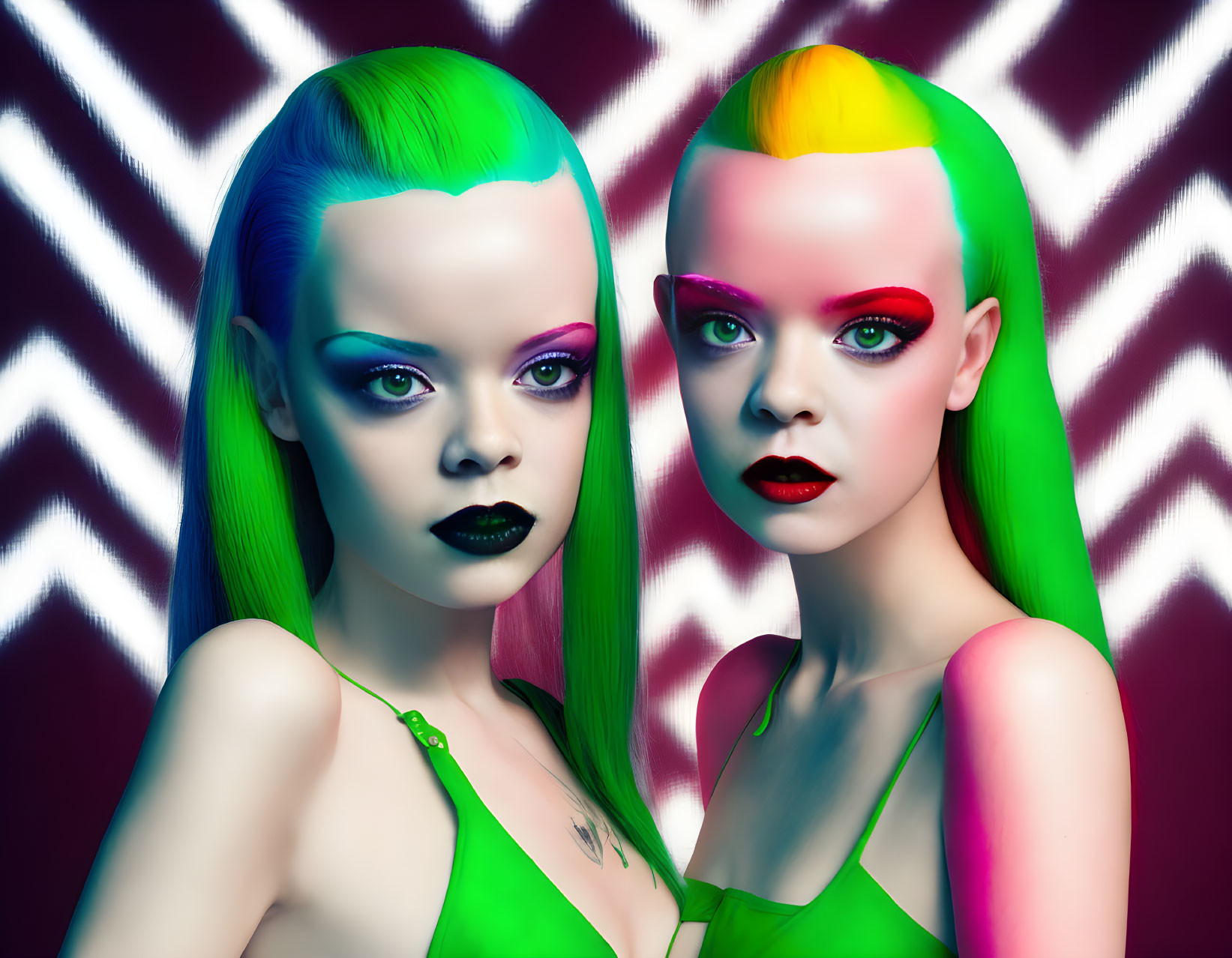 Vibrant women in green outfits with colorful hair on zigzag background